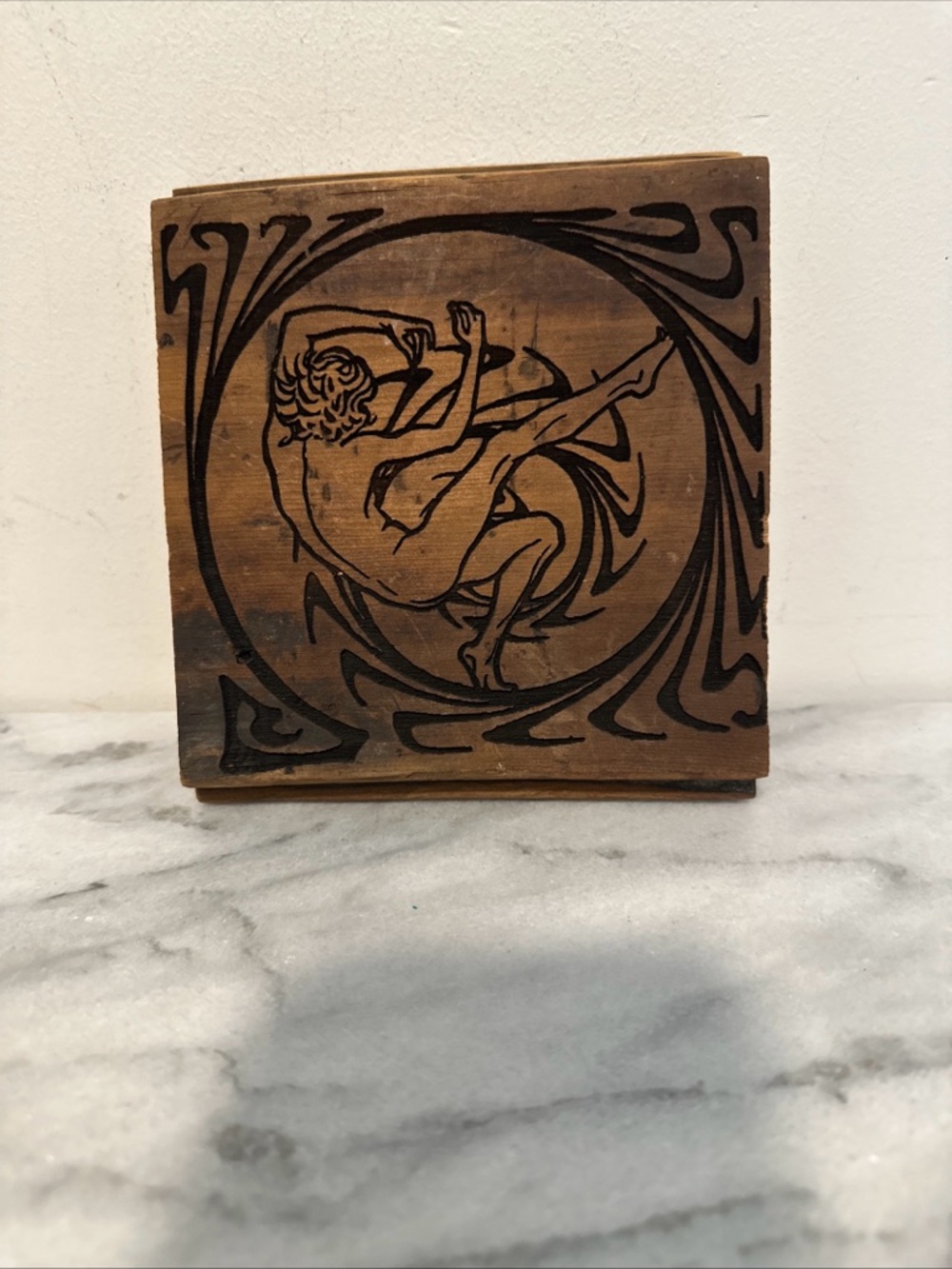 Handcrafted Wooden Art Tile with Vintage Nude Figure - Brown
